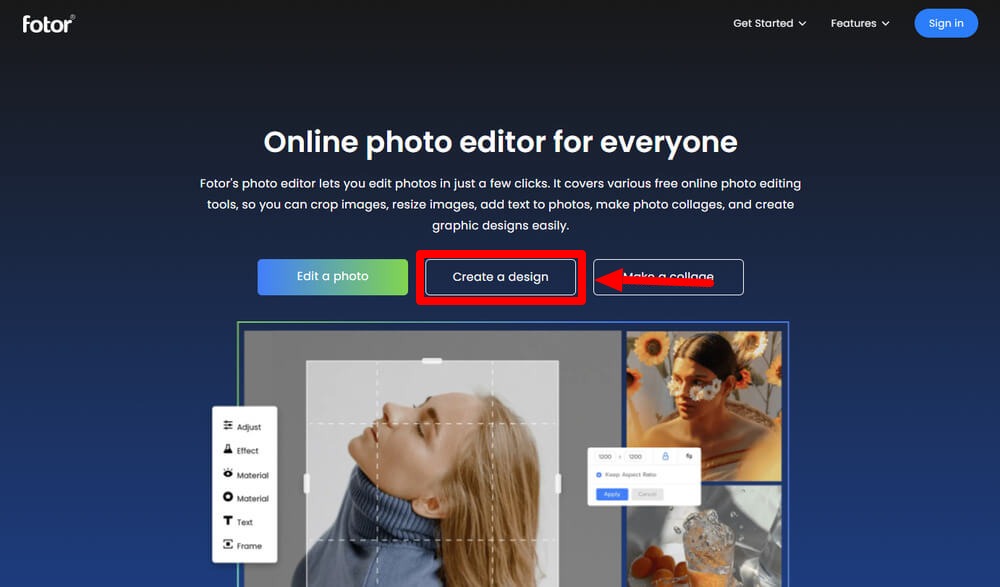 Click create a design button on Fotor website homepage